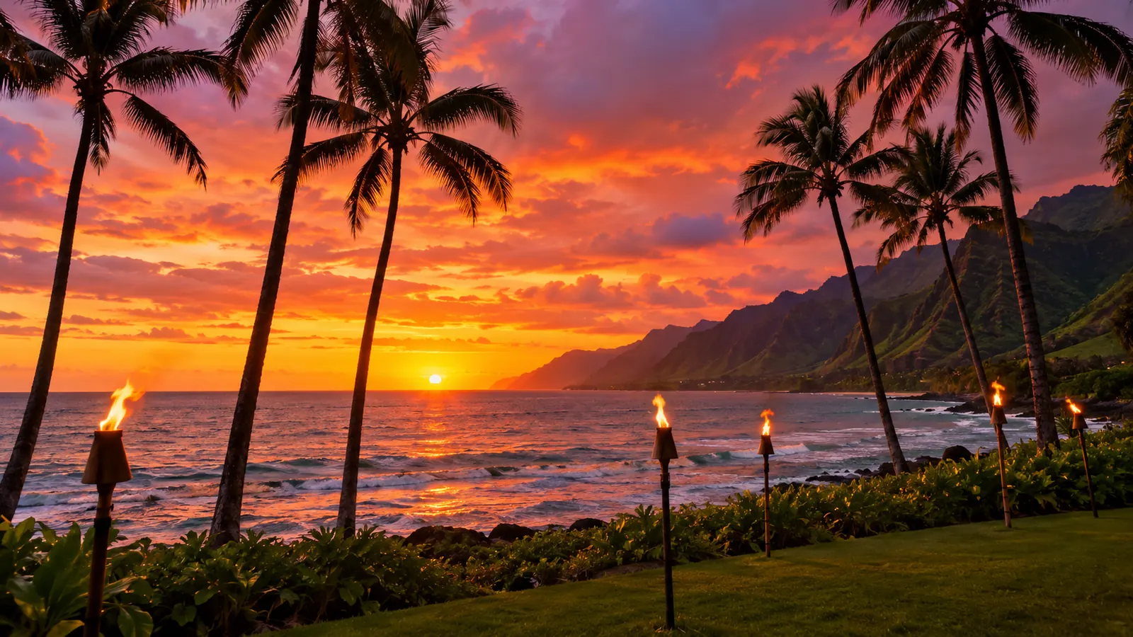 Tiki torches and palm trees on a Kauai beach at sunset