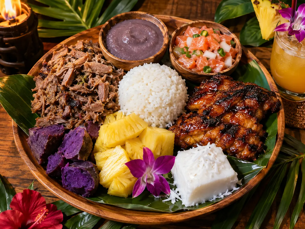 Luau plate with kalua pork, poi, lomi salmon, chicken and haupia