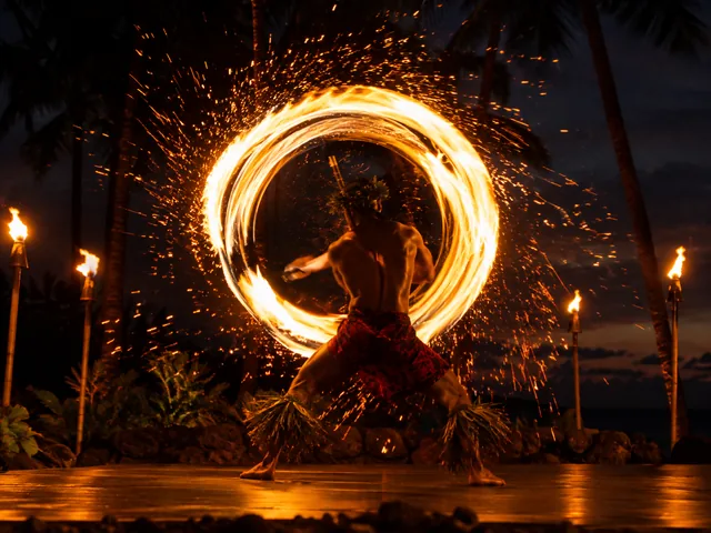 Fire knife dancer spinning a flaming blade at night