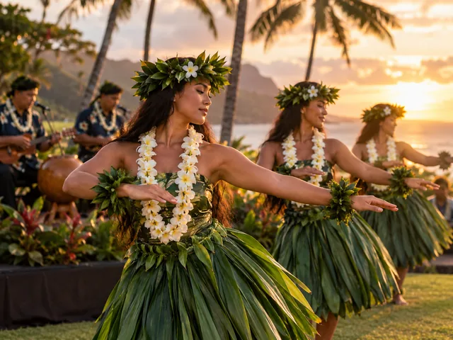 Hula dancers in ti-leaf skirts performing at a Kauai luau at golden hour