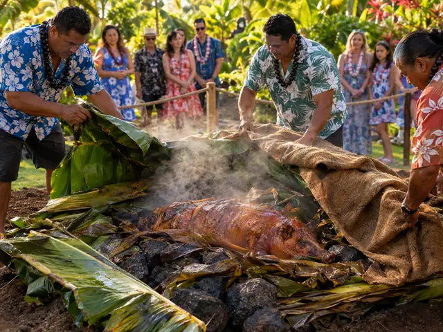 Kalua pig lifted from an underground imu oven at a Kauai luau