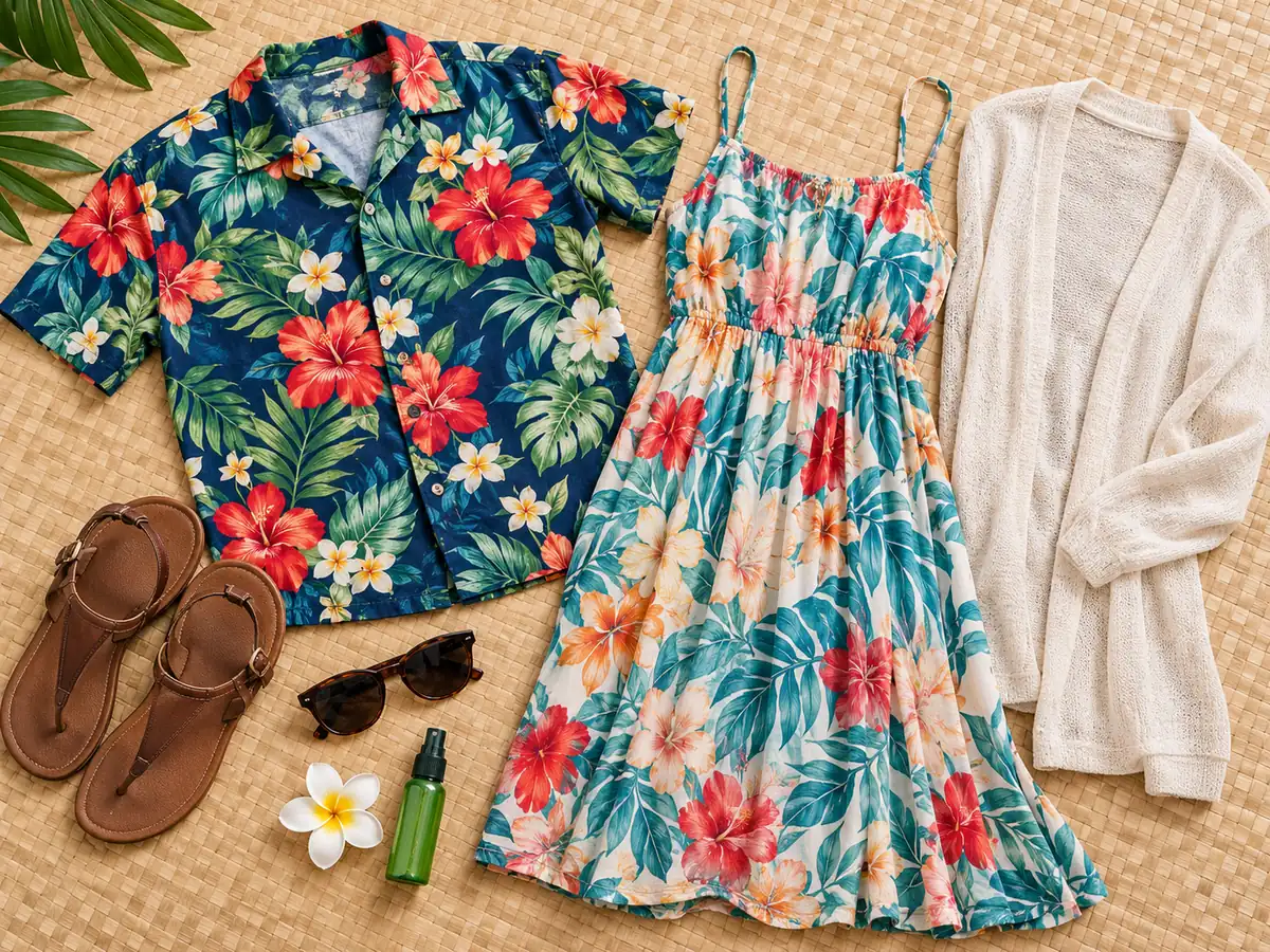 Aloha shirt, sundress, sandals and a plumeria flower laid out for a luau