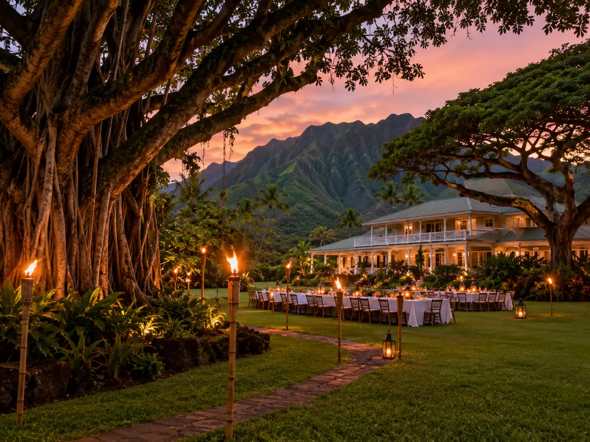 Torch-lit plantation estate garden set for a luau at dusk
