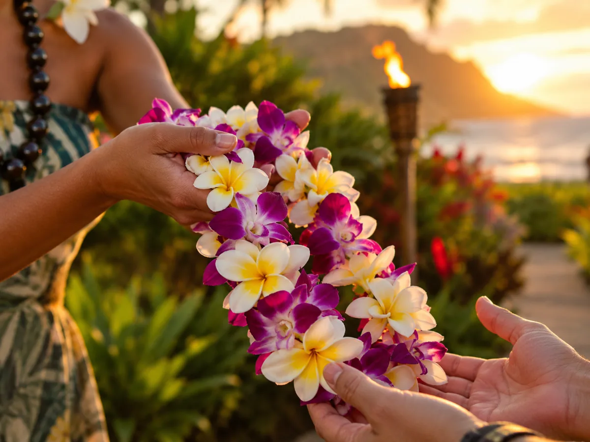 Fresh plumeria and orchid lei offered to an arriving guest